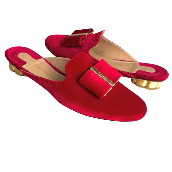 Salvatore Ferragamo Sciacca Mules Red Velvet Bow Detail Flower Heel Flat Sandals - Picture 1 of 17